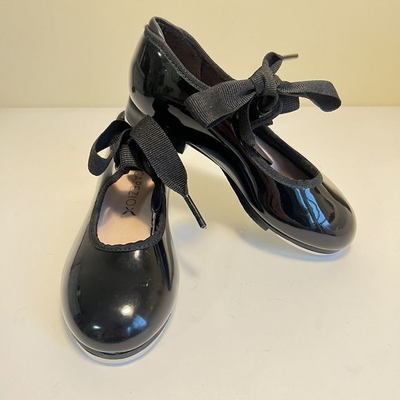 Capezio Shoes Kids Capezio Black Patent Tap Shoes With Ribbon Tie
